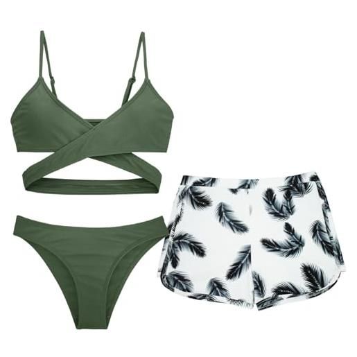 SEAUR bikini costume da bagno 3 pezzi bambina set di costumi da bagno top bikini + slip + pantaloncini per nuoto piscina spiaggia verde 1 8-9 anni