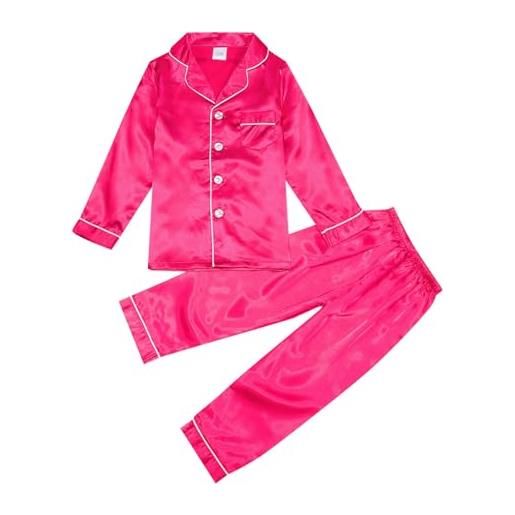 DonDown set di pigiama per bambini, in raso, per ragazze e ragazzi, maglietta da notte con bottoni, pantaloni lunghi, biancheria da notte, set da 2 pezzi, camicie classiche da notte, rosa intenso, 11-12 anni