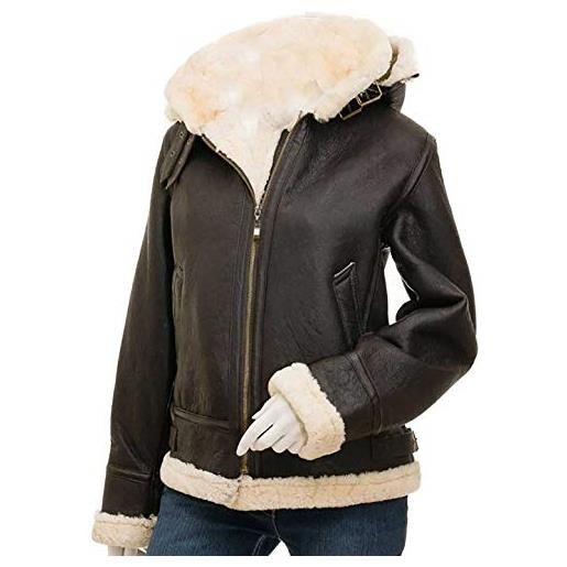 EU Fashions donna inverno morbido caldo pelliccia fodera faux shearling bomber aviator giacca in vera pelle con cappuccio nero - pelliccia cappotto xl