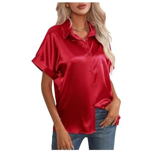 SEAUR camicetta donna raso camicia elegante a maniche corte con bottoni camicia a tunica top con scollo a v tinta unita, rosso xl