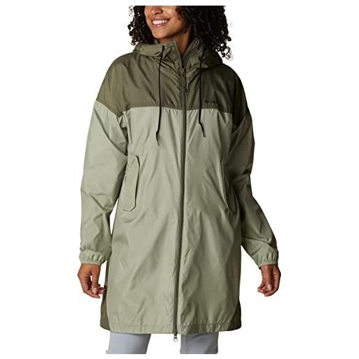 Columbia long windbreaker giacca a vento lunga flash challenger, safari/verde pietra, 1x donna