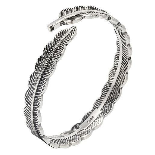 Cutenation s999 argento antico placcato bracciale cuff largo per uomo donna apertura regolabile reticolato piuma bracciali gioielli regalo (feather b)