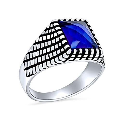 Bling Jewelry personalizza anello sigillo rettangolare in pietra di ciottoli classico retrò elegante con mattoni di zaffiro blu reale simulato per uomo in argento ossidato. 925 fatto a mano in turchia