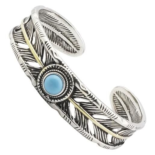 Cutenation s999 argento antico placcato bracciale cuff largo per uomo donna apertura regolabile reticolato piuma bracciali gioielli regalo (wide feather)