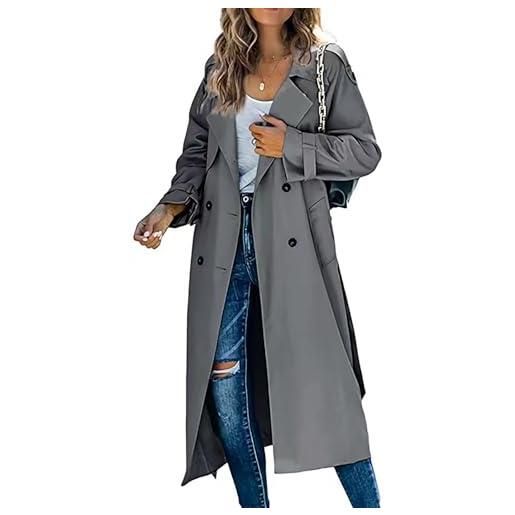 Saklifuo trench da donna lungo doppiopetto classico risvolto slim soprabito con cintura, grigio, l