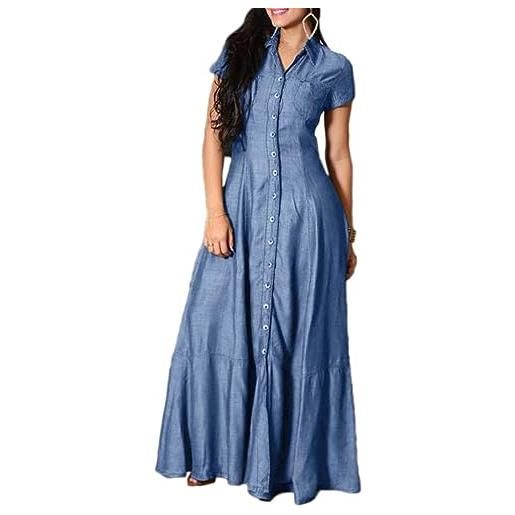 nicticsi abito estivo donna abito lungo boho jeans abito bottone larghi manica corta v scollo colore solido maxi abiti tunica camicia abito a blu scuro xl