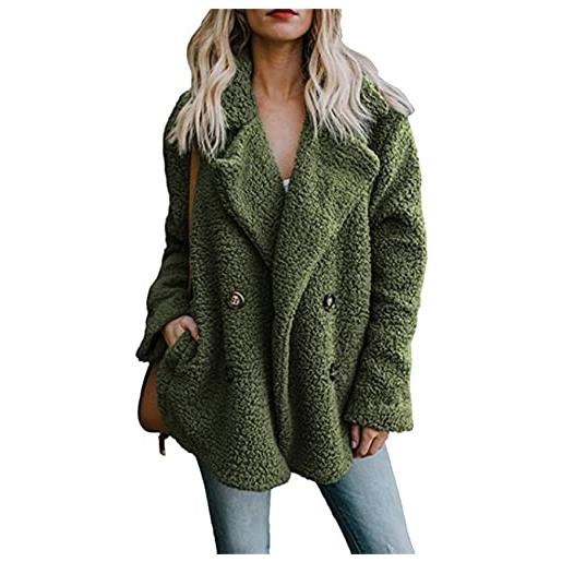 YMING giacche di pelliccia sintetica per le donne giacche soffici con tasche risvolto manica lunga teddy fleece giacca verde militare 5xl