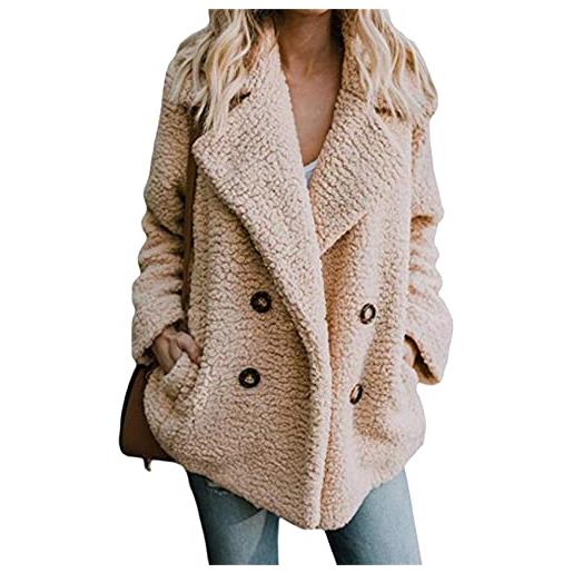 YMING donna cappotto manica lunga teddy pile giacche cardigan oversize con tasche grigio chiaro l