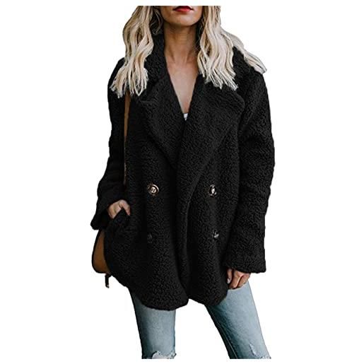 YMING donne risvolto pile tessuto pelliccia giacche doppio petto giacche soffici peluche giacca grigio scuro s