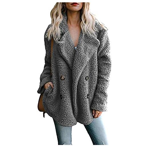 YMING donne casual finta pelliccia teddy pile giacca cardigan manica lunga con tasche cappotto doppio petto nero xl