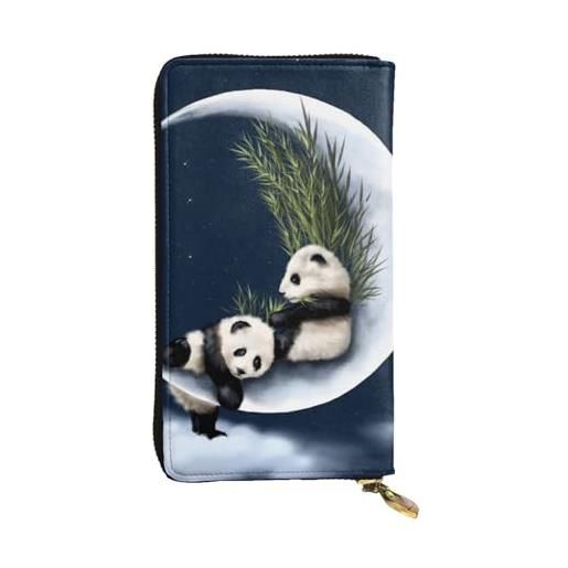 OPSREY portafoglio lungo in vera pelle con stampa a fiori bianchi e neri, panda e luna, taglia unica