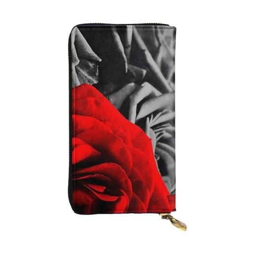 OPSREY portafoglio lungo in vera pelle con stampa a fiori bianchi e neri, rose bianche e rosse nere, taglia unica