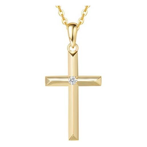 FANCIME collana ciondolo croce in oro giallo 14 carati (585) solido con vero naturale diamante minimalista gioielli per donna ragazza - catena lunghezza: 40 + 5 cm