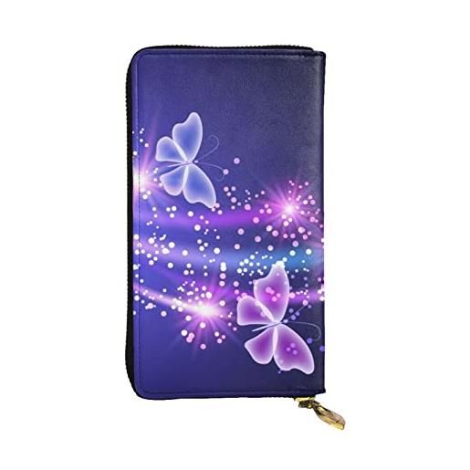 OPSREY portafoglio lungo in vera pelle con stampa a fiori bianchi e neri, farfalla viola. , taglia unica