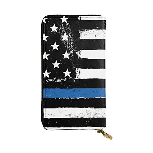 OPSREY portafoglio lungo in vera pelle con stampa a fiori bianchi e neri, bandiera usa blu linea sottile, taglia unica