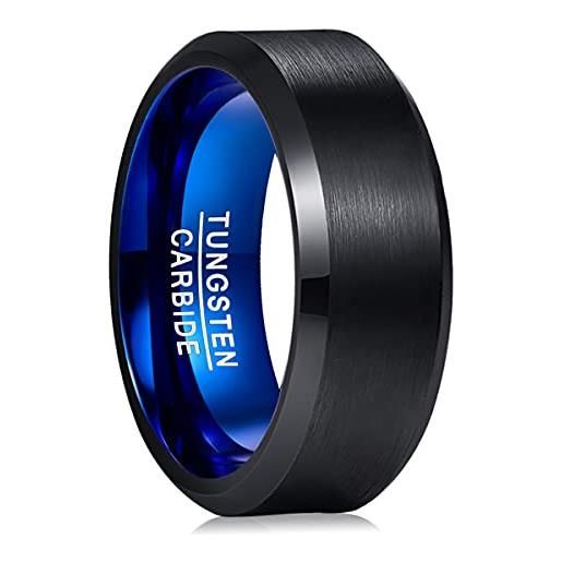 TUNGSTORY 8mm anello uomo in carburo di tungsteno blu nero finitura spazzolata anello di fidanzamento con bordo smussato lucido comfort fit taglie dalla 22.5