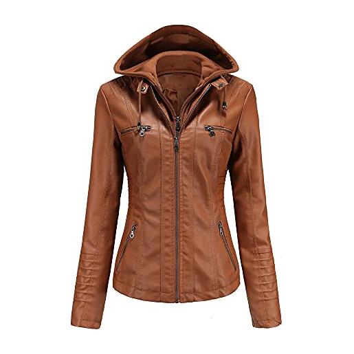 DISSA c6699n - giacca da donna in pelle sottile, con cappuccio, con cerniera, per la primavera e l'autunno, marrone scuro. , xxl