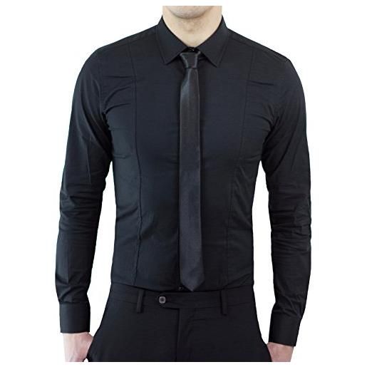 AK collezioni camicia uomo casual nero slim fit aderente sfiancata cotone elasticizzato (xs)