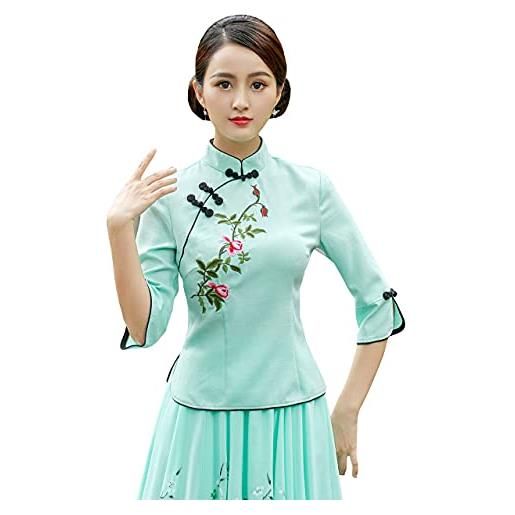 YLfly camicetta cinese da donna con ricamo a rosa qipao top con colletto alla coreana, verde, 40