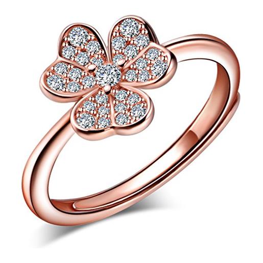 Yumilok jewelry - anello regolabile in argento sterling 925 con zirconia cubica, con trifoglio e fiore lucido, per donne e ragazze, placcato oro rosa