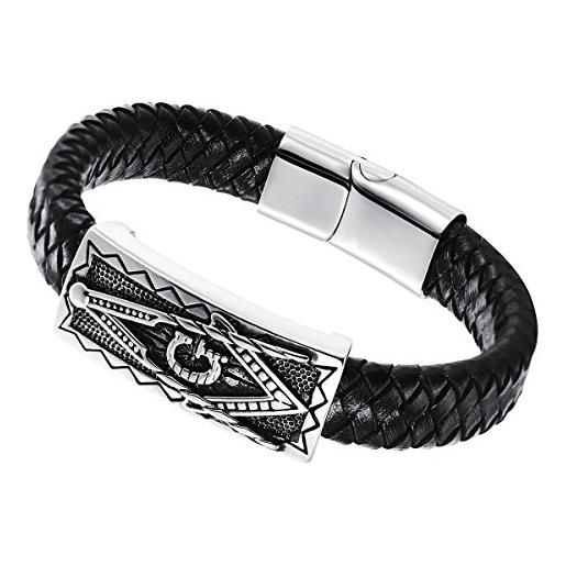 Cupimatch bracciale da uomo in pelle intrecciata e acciaio inox, design retrò massone, braccialetto catenina a cordoncino, chiusura magnetica, nero e argento