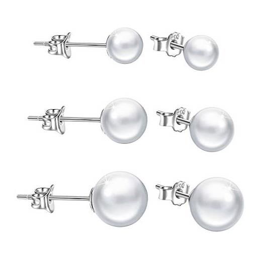 Yumilok 3/6 paia di orecchini da donna in argento sterling 925, rotondi, perle da 4, 6, 8 mm, colore bianco e nero, set di gioielli per ragazze e argento, colore: bianco, cod. Y20102-white
