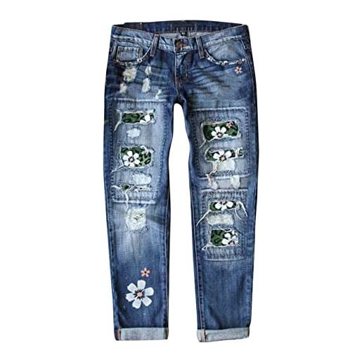 Generic jeans corti da donna, taglie grandi, jeans a 7/8, con fori, pantaloni capri lunghi, in pizzo con fiori, pantaloni capri da jogging da donna, blu, xl