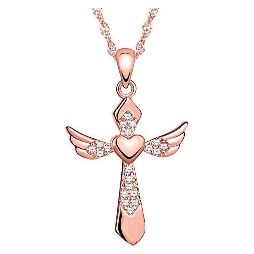 Yumilok - collane da donna e ragazza, alla moda, in argento sterling s925, con ciondolo a forma di cuore, con ali e croce, in oro rosa, lunghezza regolabile