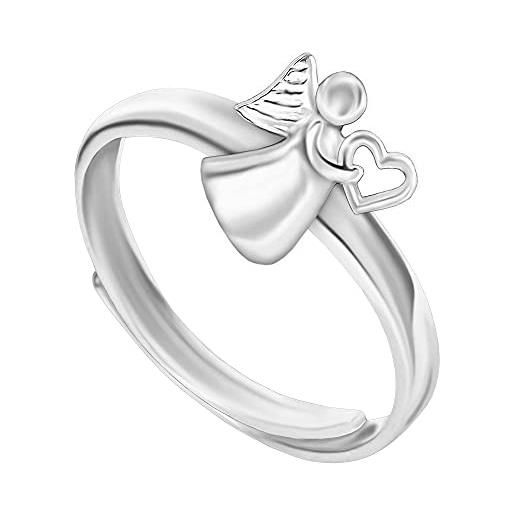 CLEVER SCHMUCK anello da ragazza con angelo a forma di cuore, in argento sterling 925, misura universale, regolabile, per bambini, in astuccio bianco, metallo