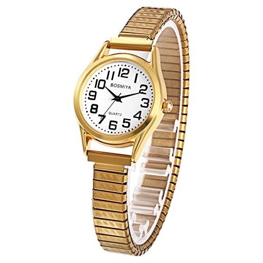 JewelryWe orologio da polso da donna, con cinturino elastico, facile da leggere, quadrante digitale, grande, comodo cinturino elastico, orologio da donna, superficie bianca, dorato-1, bracciale
