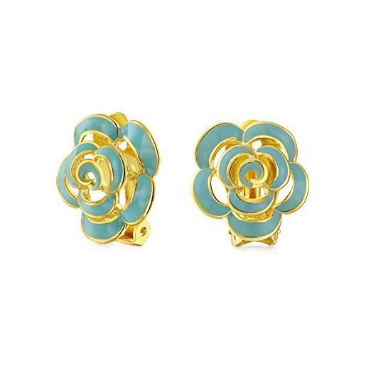 Bling Jewelry moda smalto 3d blu rosa fiore clip su orecchini a bottone stile non forato orecchie 14k placcato oro simulato turchese