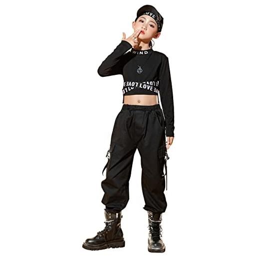 SEAUR hip hop abbigliamento street dance outfit jazz tuta canotta + pantaloni cargo streetwear per 110-170 cm, b002-top+pantaloni nero, 140(134-140cm)
