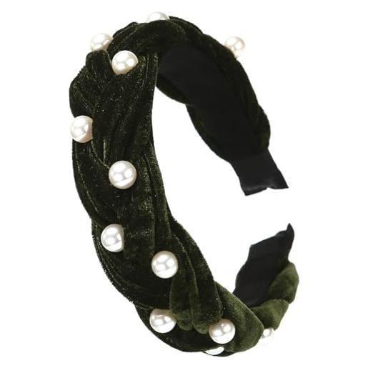LONEEDY graziosa fascia larga in velluto intrecciato, alla moda, imbottita con perle intrecciate, per donne e ragazze (perla-verde scuro)