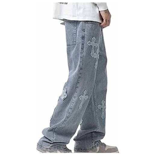 Yokbeer pantaloni in denim gamba larga da uomo jeans con ricamo stella pantaloni casual con vestibilità rilassata pantaloni in denim stampati con crocifisso larghi hip hop vintage y2k streetwear (col