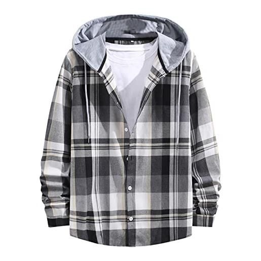 Jiyuantm men's single breasted popular hooded fashion plaid printing drawstring long sleeves top blouse shirts (gray, m)