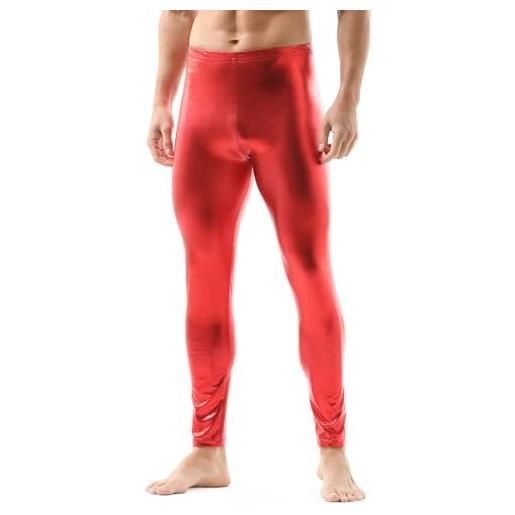 QiaTi pantaloni lunghi da uomo in pelle sintetica, pantaloni stretti, leggings da uomo, pantaloni lunghi in poliuretano, skinny slim, colore: rosso, xl