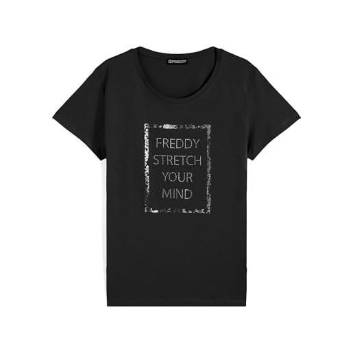 FREDDY - t-shirt da donna in jersey leggero con slogan in strass, donna, nero, extra large
