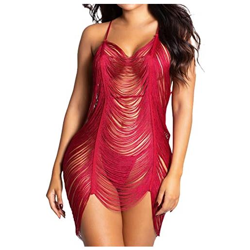 ADEYPCGD mini abito donna vestito corto spaghetti strap gonna da donna sexy con frange drappeggiate e lingerie chemise (red, m)