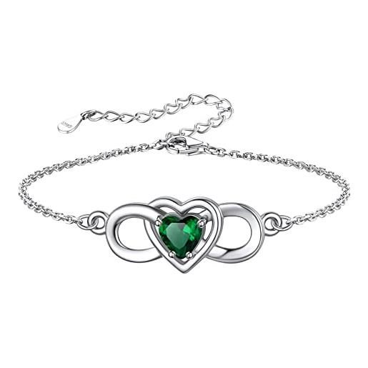Silvora bracciale da donna con pietra portafortuna maggio smeraldo in argento sterling 925 cuore infinito attraverso bracciale regolabile 12 mesi colorati regalo creativo significativo