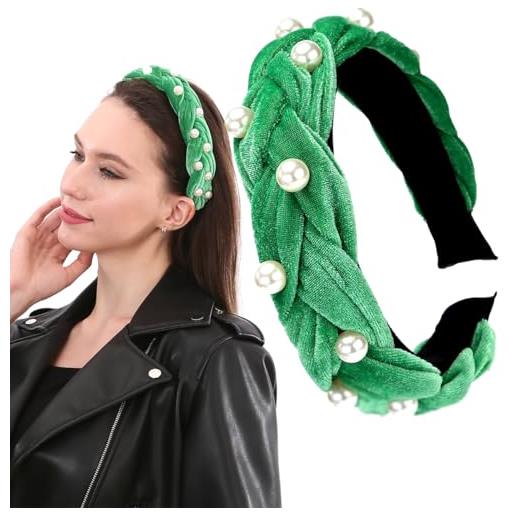 LONEEDY graziosa fascia larga in velluto intrecciato, alla moda, imbottita con perle intrecciate, per donne e ragazze (verde perla)