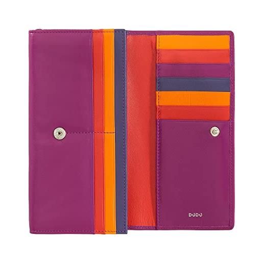 Dudu portafoglio donna pelle rfid design colorato lungo con portamonete zip 18 porta carte e chiusura a bottone fucsia