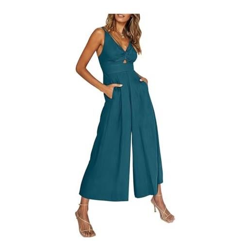 LinZong v neck cutout wide leg jumpsuits, women's casual sexy jumpsuit, ruched top high waist wide leg rompers with pockets (lake blue, xxl)