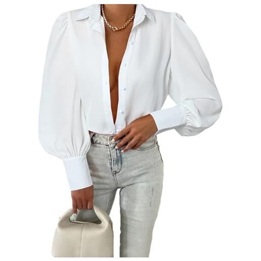 EVALESS camicie da donna con bottoni a maniche lunghe stampate camicette da donna moda 2023, c bianco. , l
