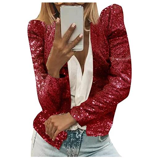 CCOOfhhc blazer - giacca da donna con brillantini, con paillettes, stile casual, luccicante, con colletto a contrasto, stile retrò, con paillettes, colore: rosso, xxxl