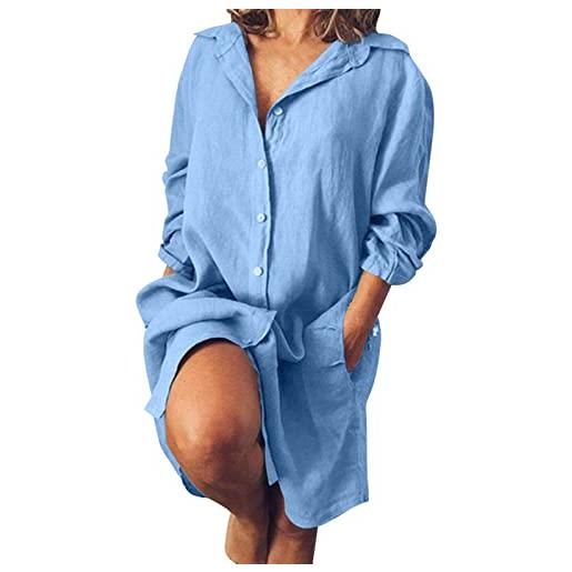Generic abito a camicia da donna in cotone e lino abiti lunghi casual larghi camicia da notte parto (b-light blue, xxl)