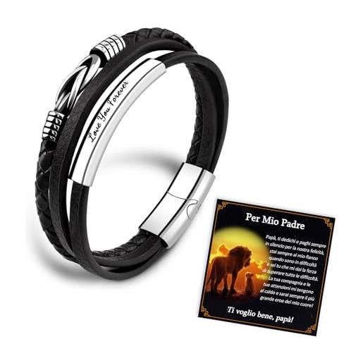 FANCIBAND regalo papà bracciale per papà bracciale uomo pelle triplo inciso, regalo per papà di festa del papà compleanno natale-nero