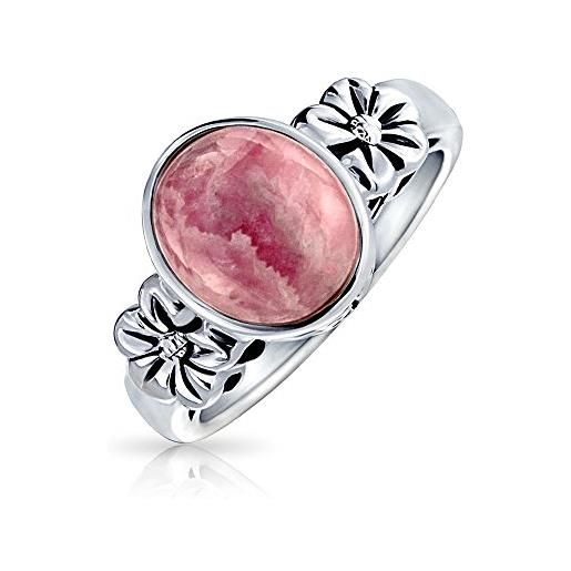 Bling Jewelry anello ovale con castone a fiore in rodocrosite rosa anello di moda bohémien per donne per adolescenti in argento 925