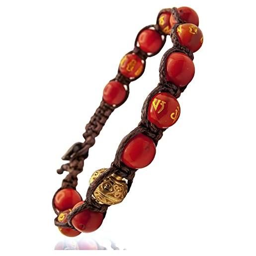 Samsara bracciale tibetano buddista - shamballa con pietre in corallo bambù e agata rossa con mantra oro - filo in cotone cerato marrone