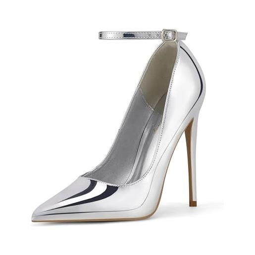 Zhabtuc scarpe da donna per matrimonio decolleté con tacco alto 12 cm e cinturino alla caviglia elegante e confortevole, specchio argento, 38.5 eu