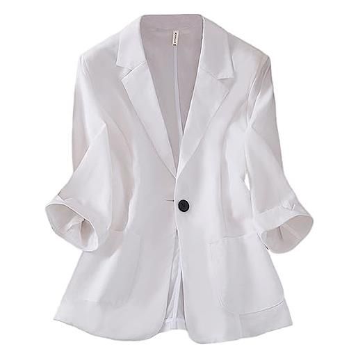 GIBZ blazer in lino da donna leggero con un bottone maniche 3/4 risvolto giacca da abito oversize casual con tasca per estivo, bianco, xxl